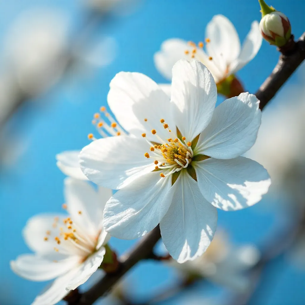 Macro shot of white blossoms against a blue spring sky