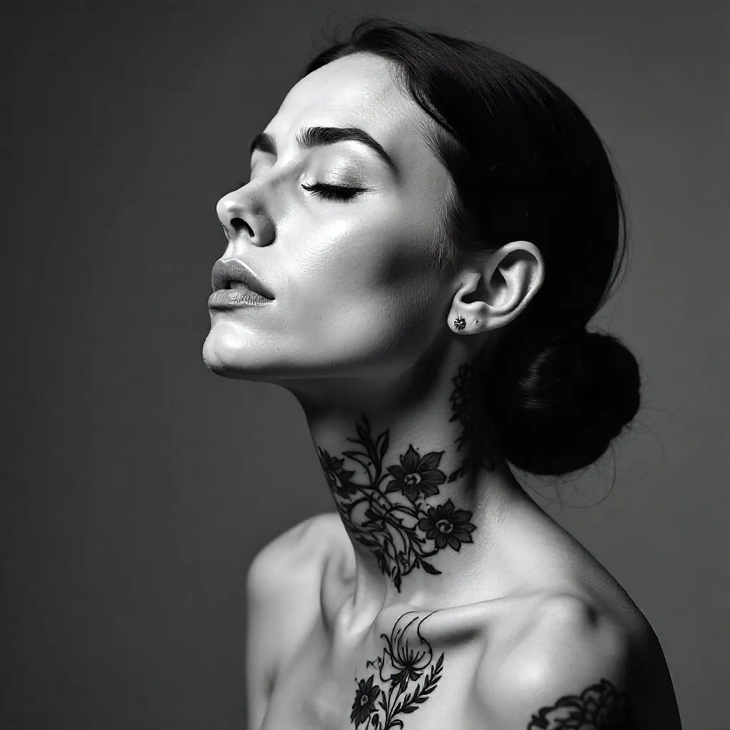 Monochrome Tattooed Woman Portrait with Closed Eyes