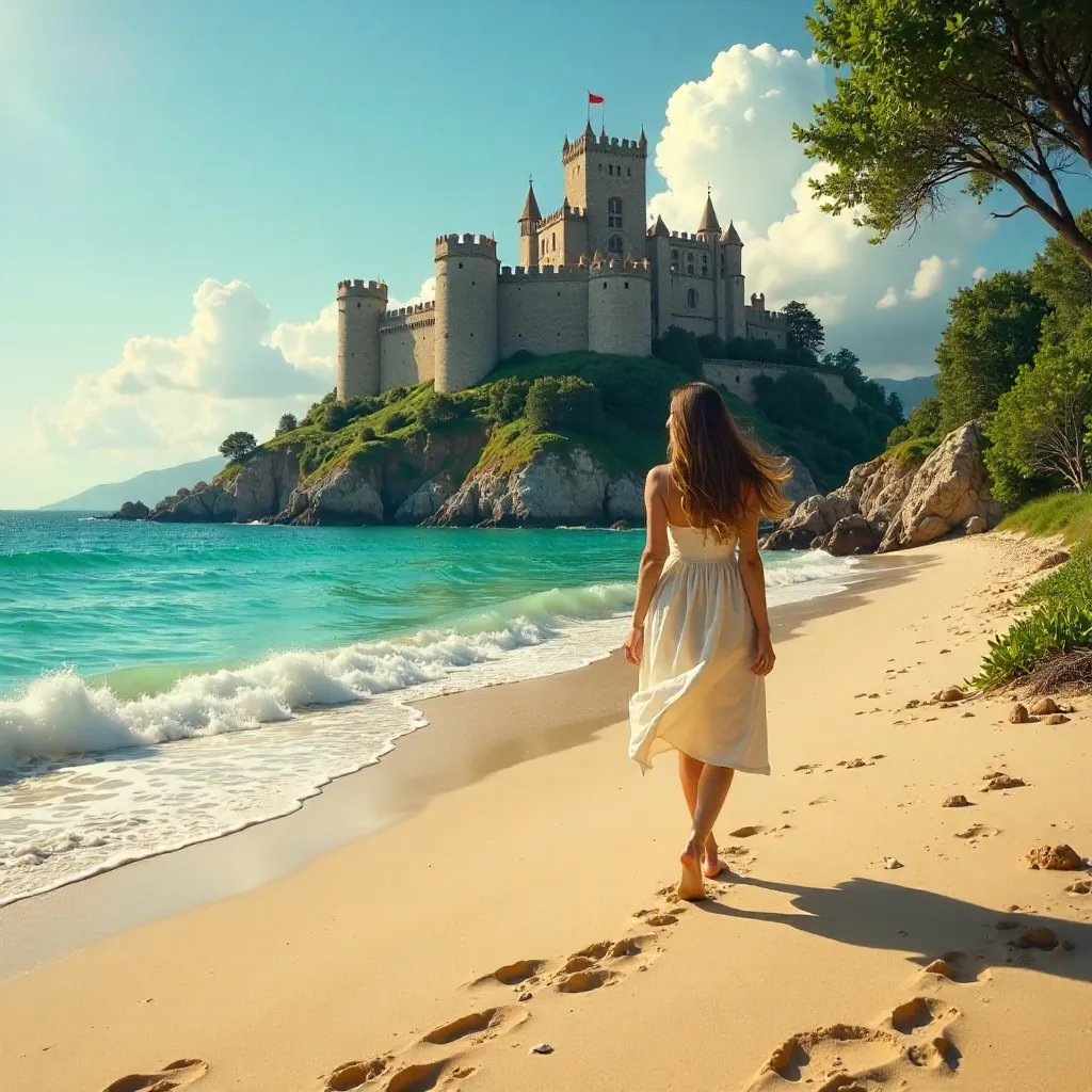 Woman on a Beach Walking Toward a Hilltop Castle