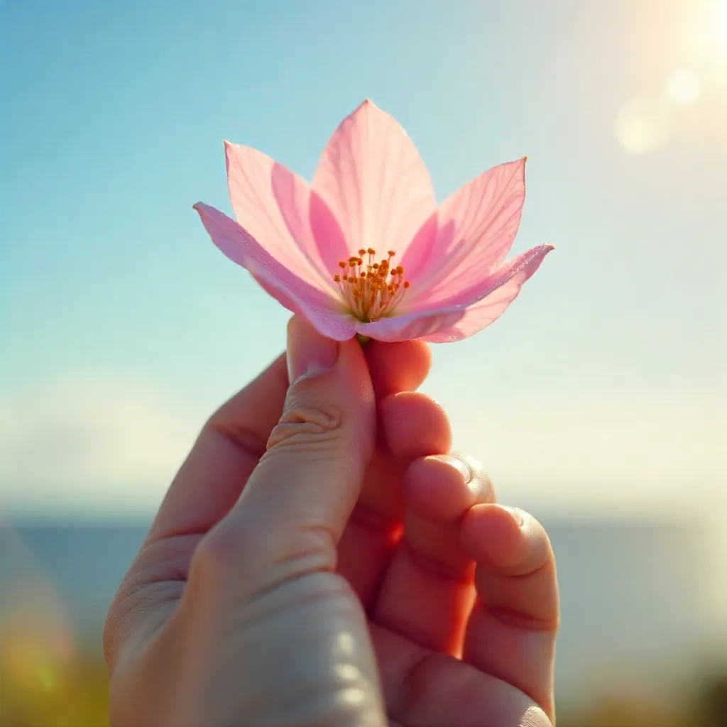 Hand Holding a Delicate Pink Flower in a Soft Sky