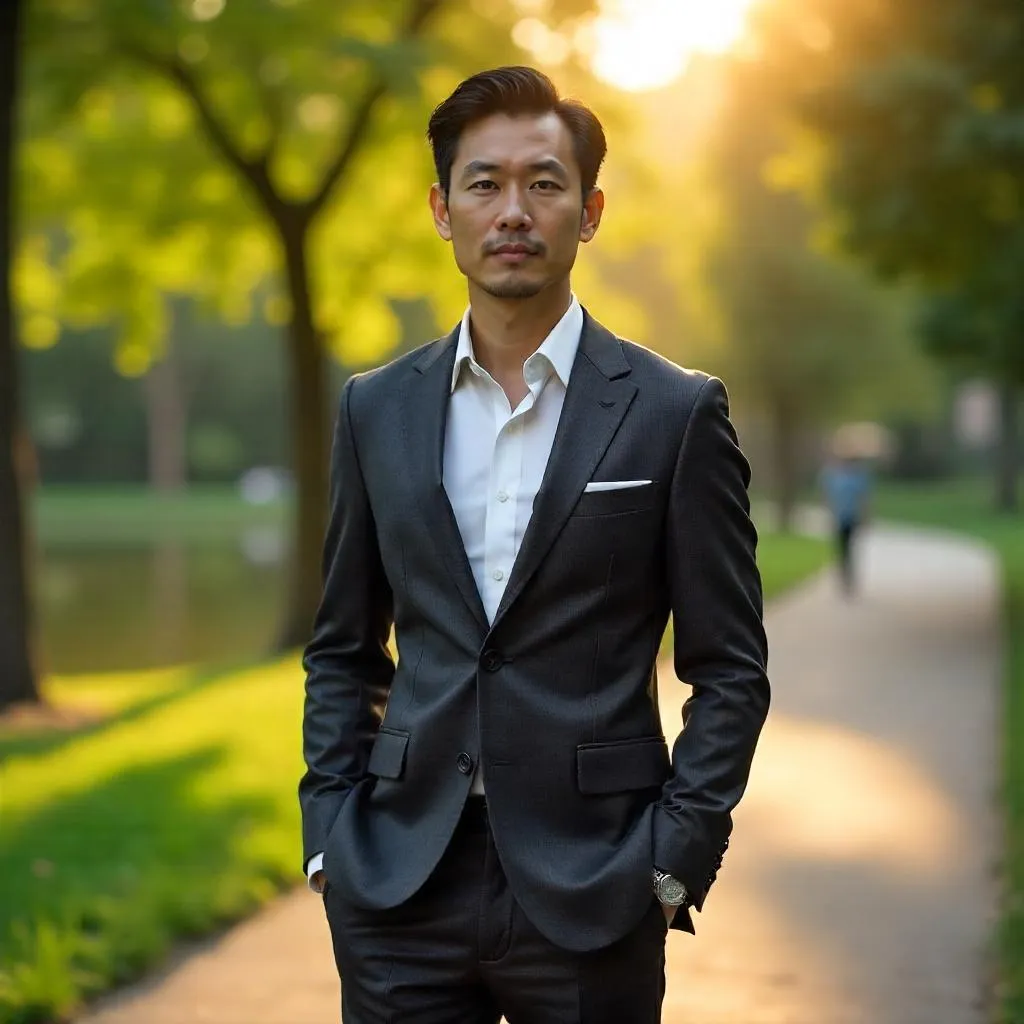 Elegant Asian Man in a Park - Photorealistic Portrait
