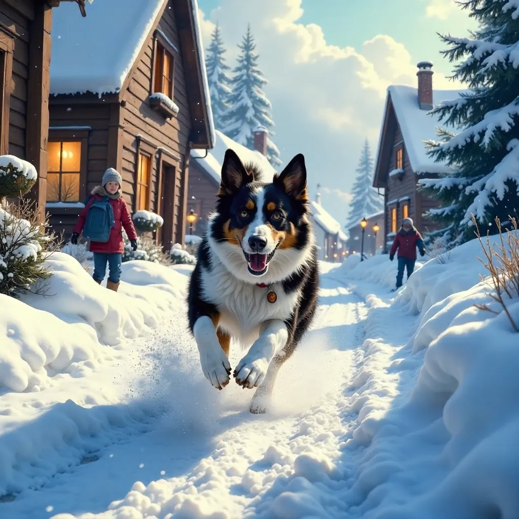 Energetic Dog Racing Through a Snowy Village Path