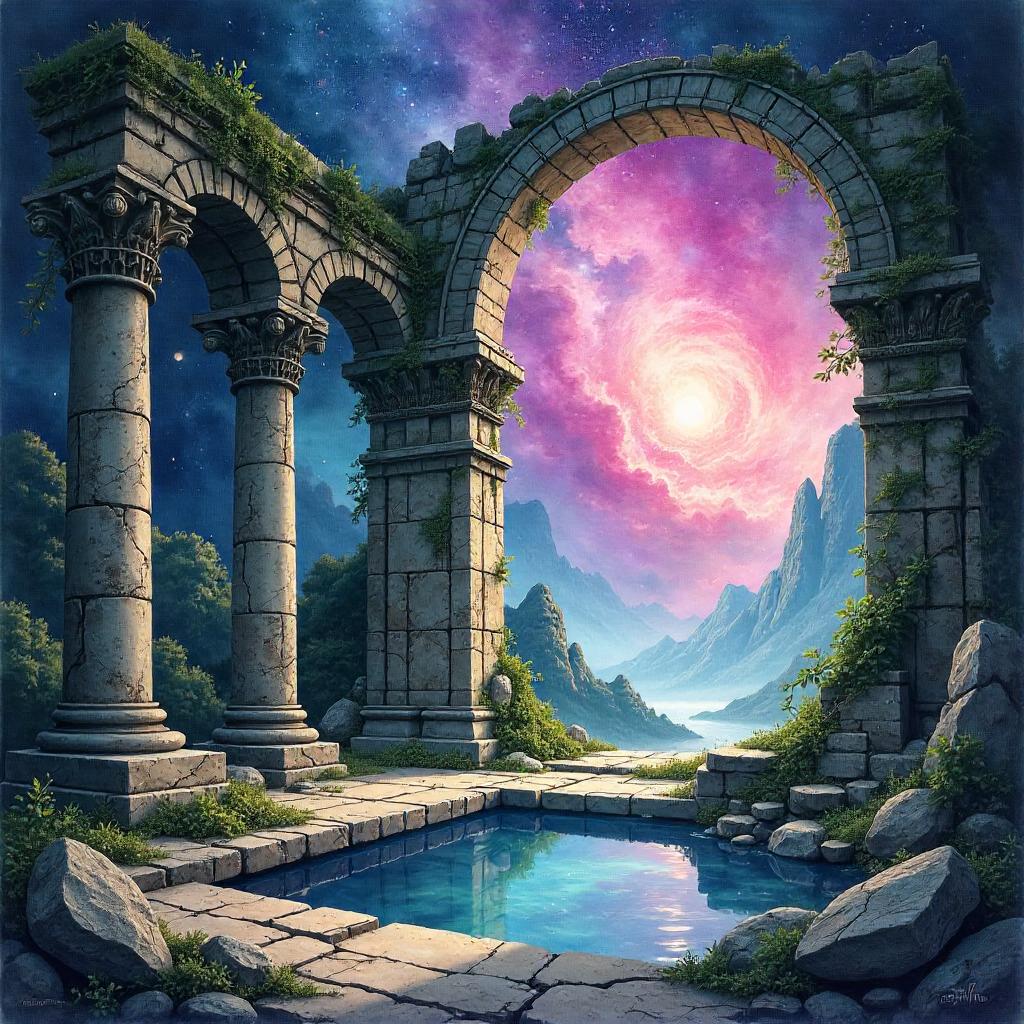 Watercolor Nebula Overgrown Temple Ruins
