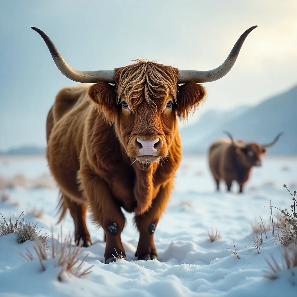 Highland Cattle in Snow: Curved Horns in Winter Field