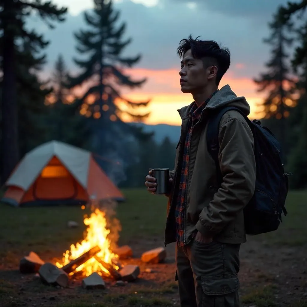 Dusk Campfire Portrait of a Young Asian Man