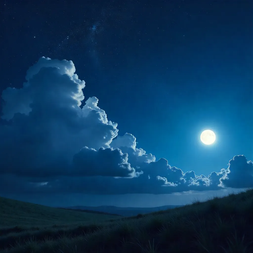 Moonlit Cumulus Clouds and Galaxy Night Sky