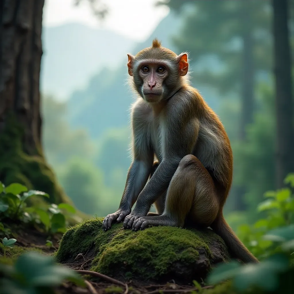 Barbary Macaque in a Misty Moroccan Forest Habitat