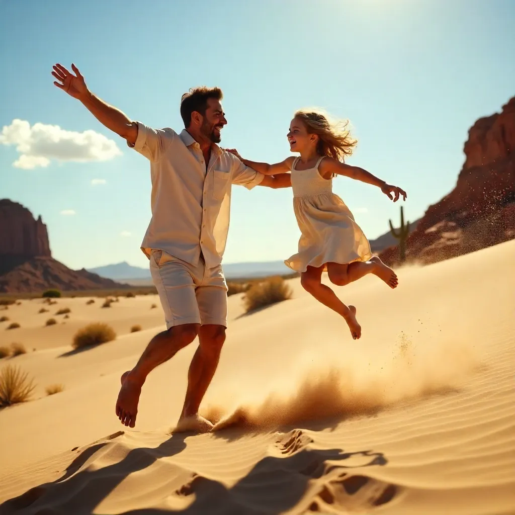 Joyful father spins daughter in a sunny desert