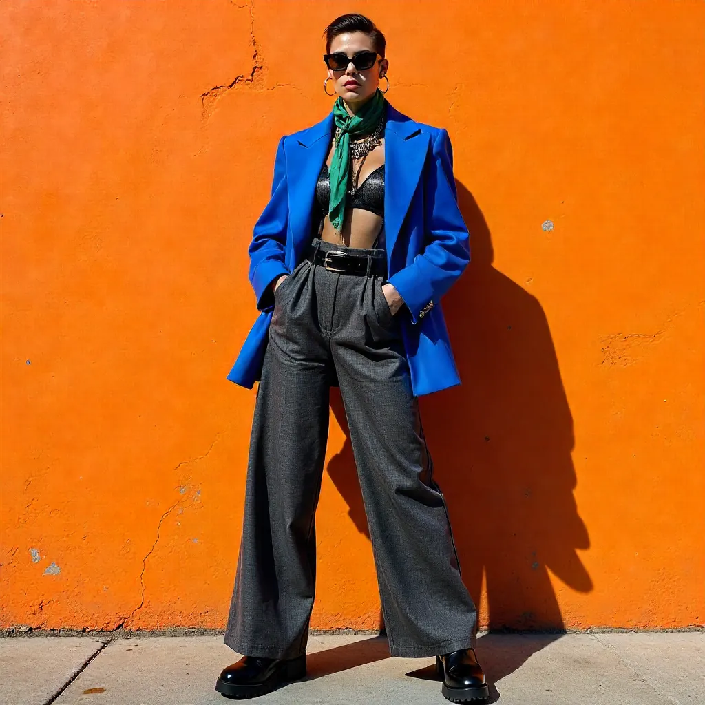 Eclectic Fashionista before a Vivid Orange Wall