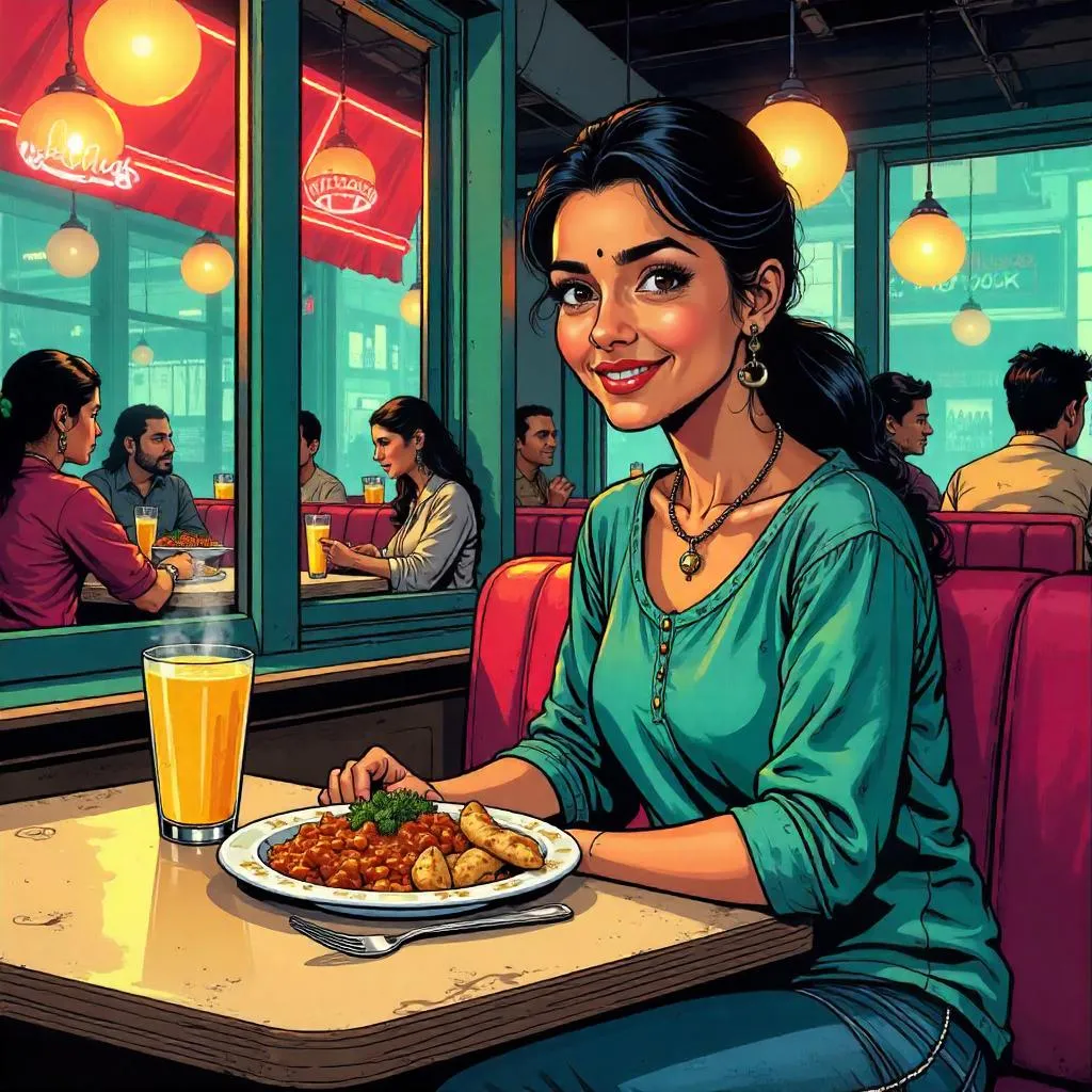 Young Indian Woman in a Comic Style Restaurant