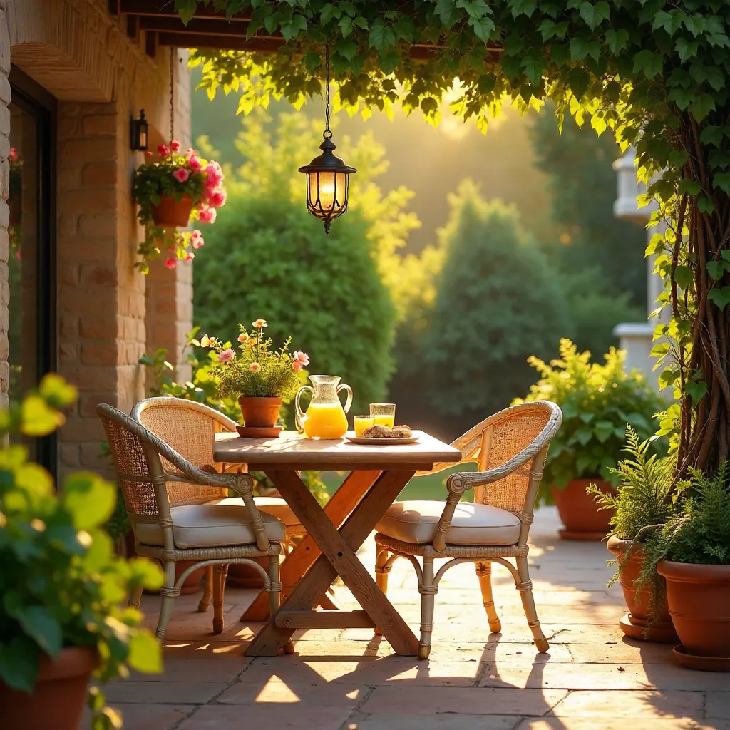Golden Hour Patio with Table, Chairs, and Plants