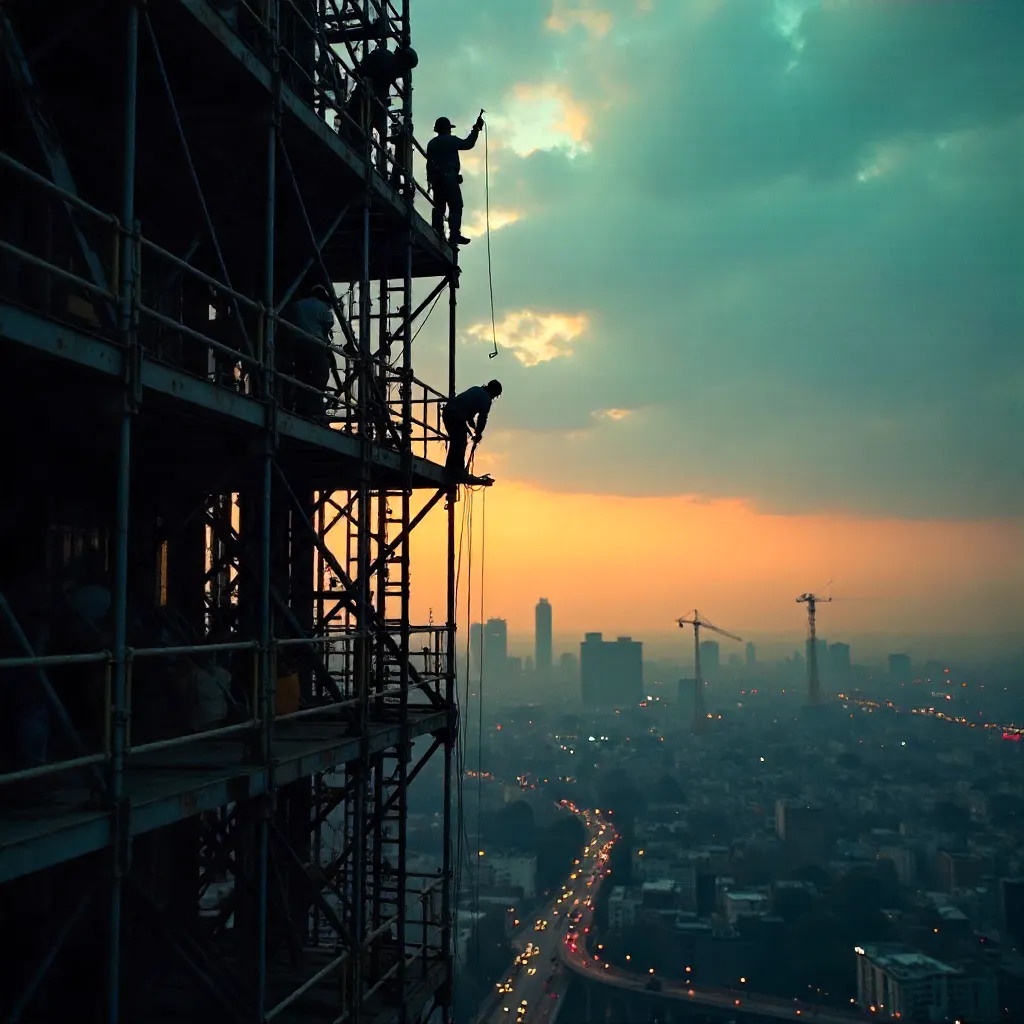 Silhouetted Construction Workers on Scaffolding at Dusk