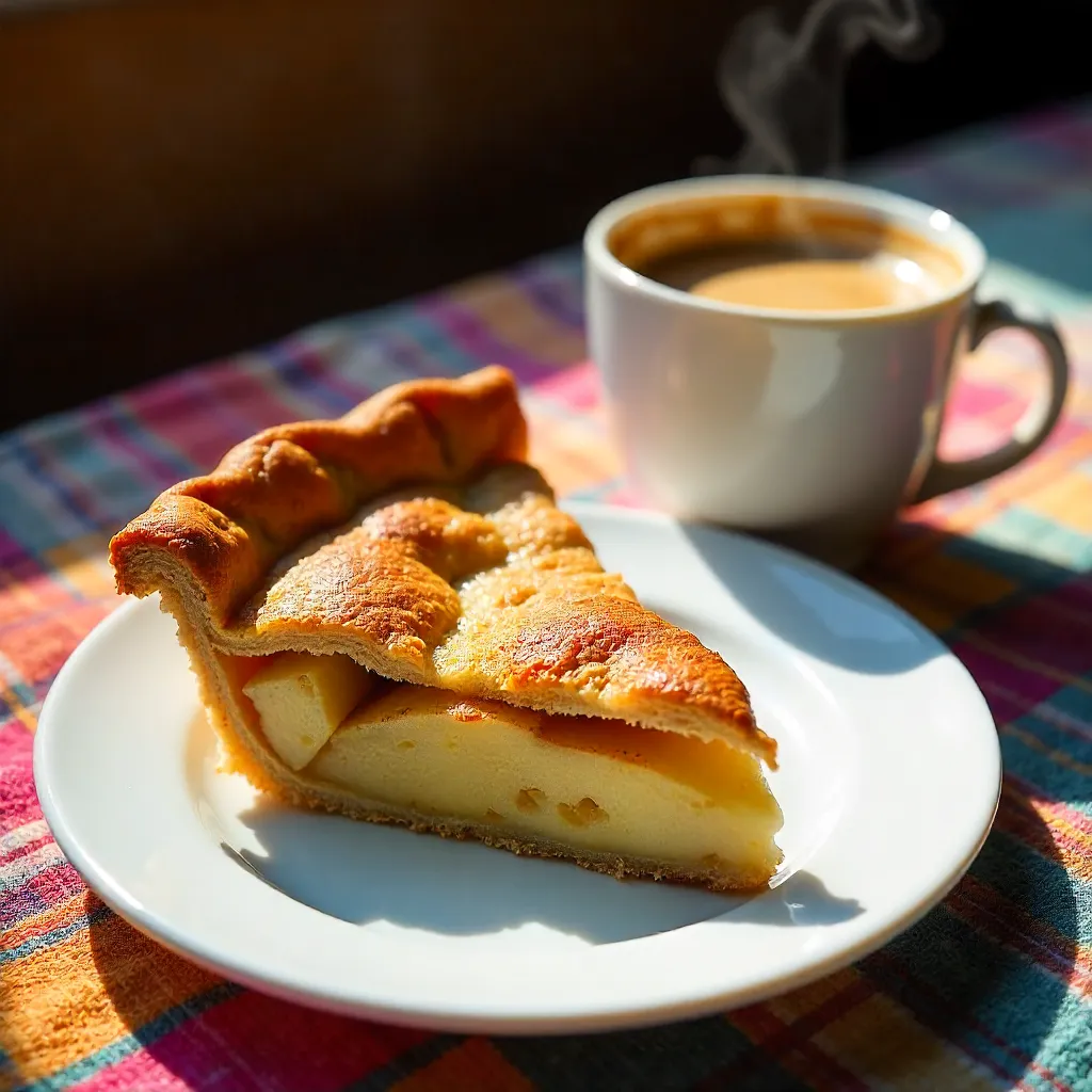 Morning Slice: Apple Pie and Espresso on Colorful Cloth