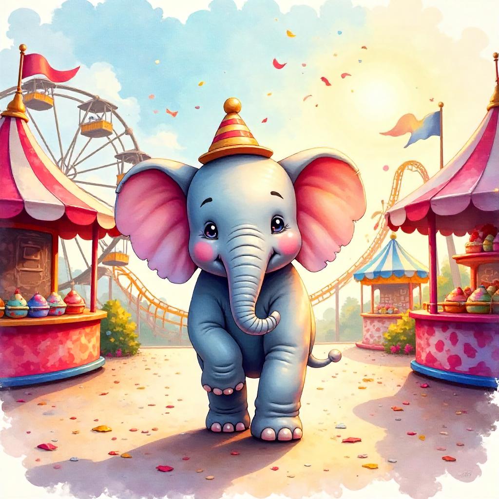 Whimsical Watercolor Elephant at the Amusement Park