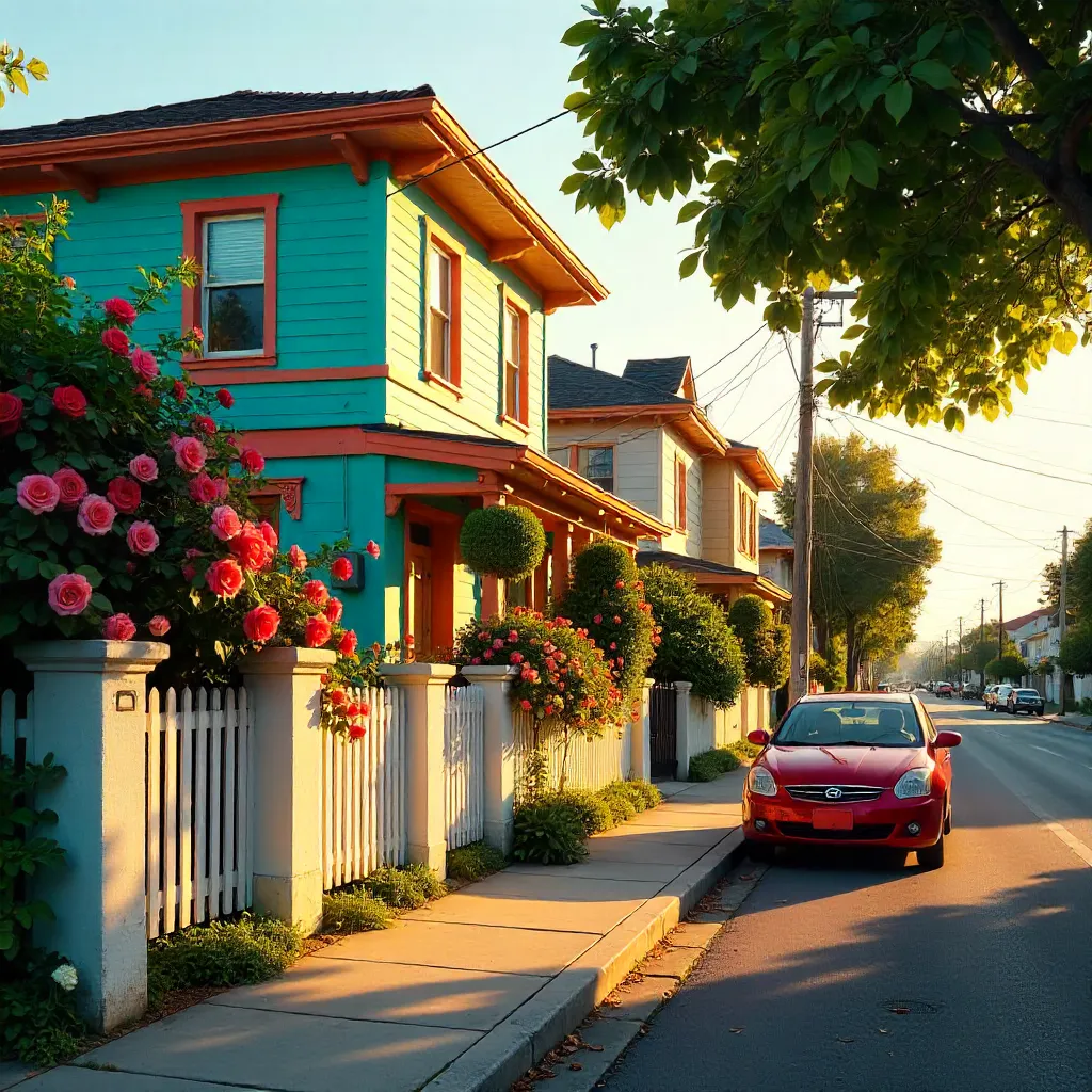 Serene Street Scene: Colorful House, Roses and Red Car