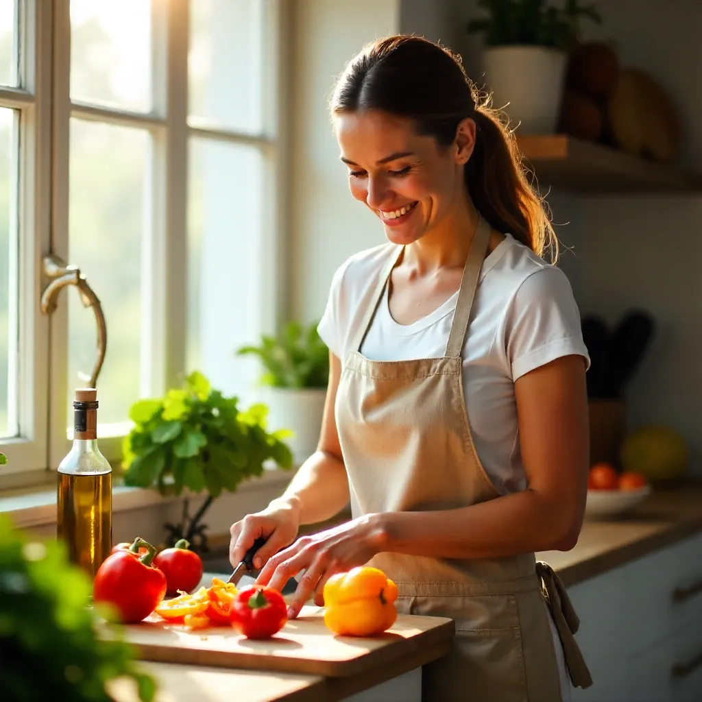 Joyful Woman Slicing Bell Peppers in a Bright Kitchen