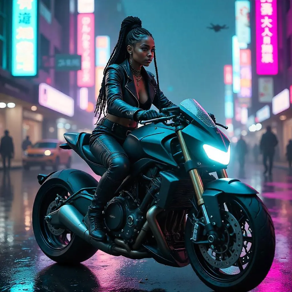 Neon Ride: Cyberpunk Black Girl on a Futuristic Motorcycle