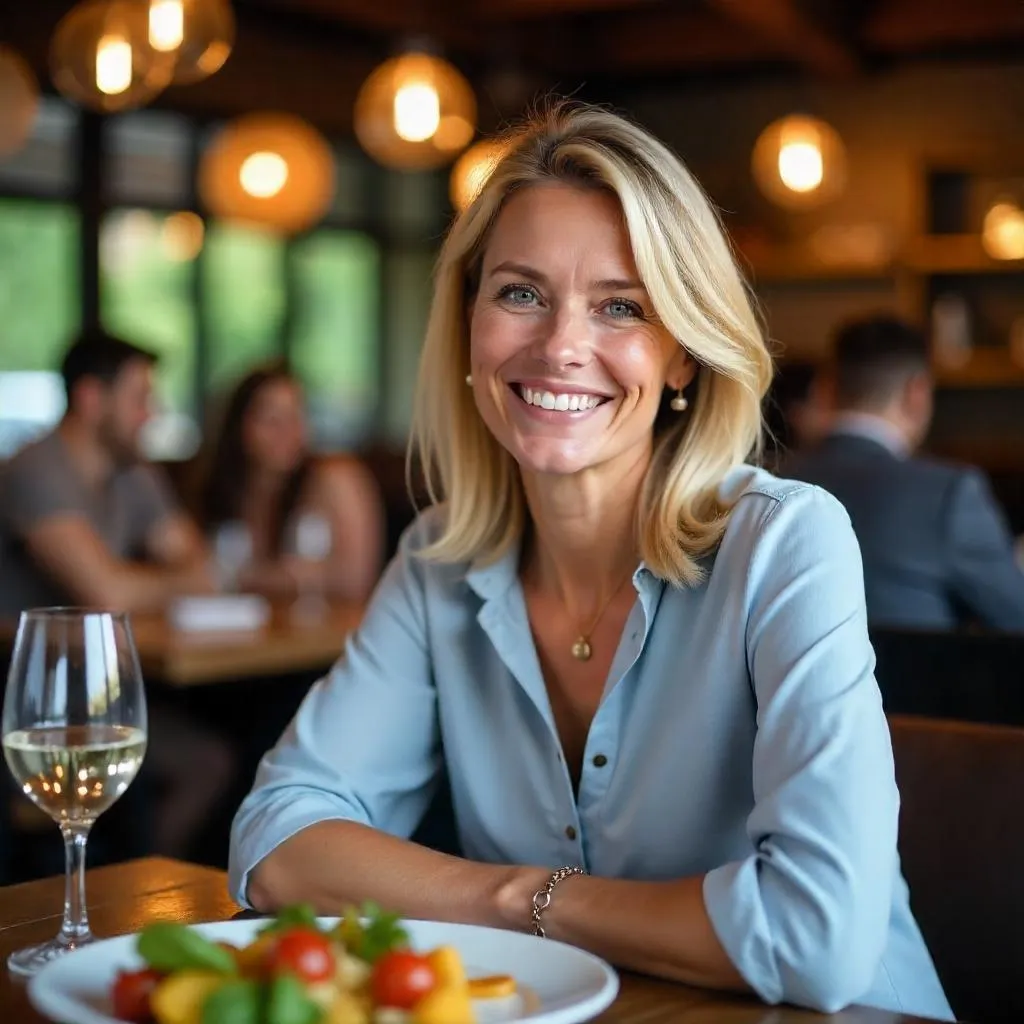 Cheerful White Woman in a Cozy Restaurant