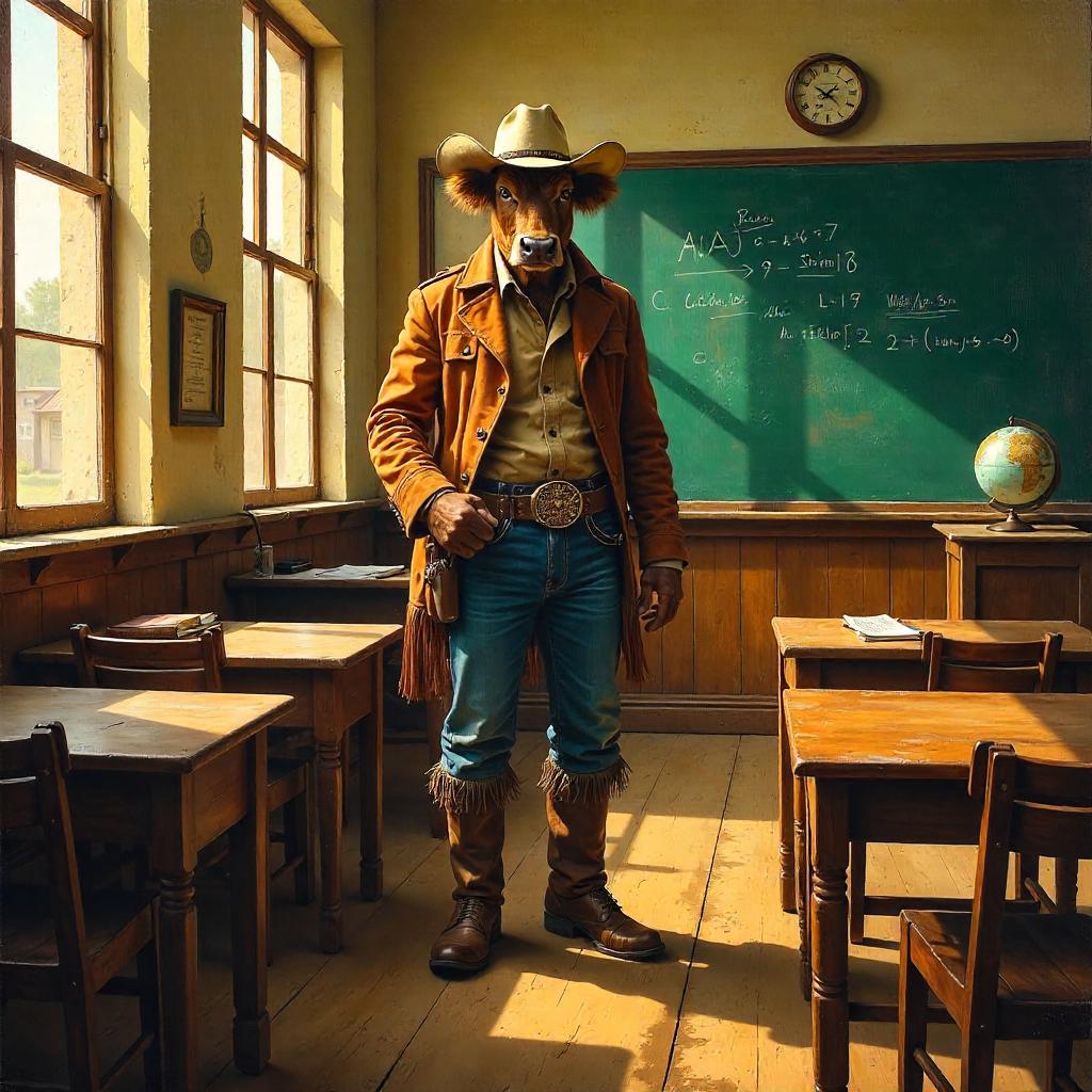 Cowboy in a School Hall: Oil Painting