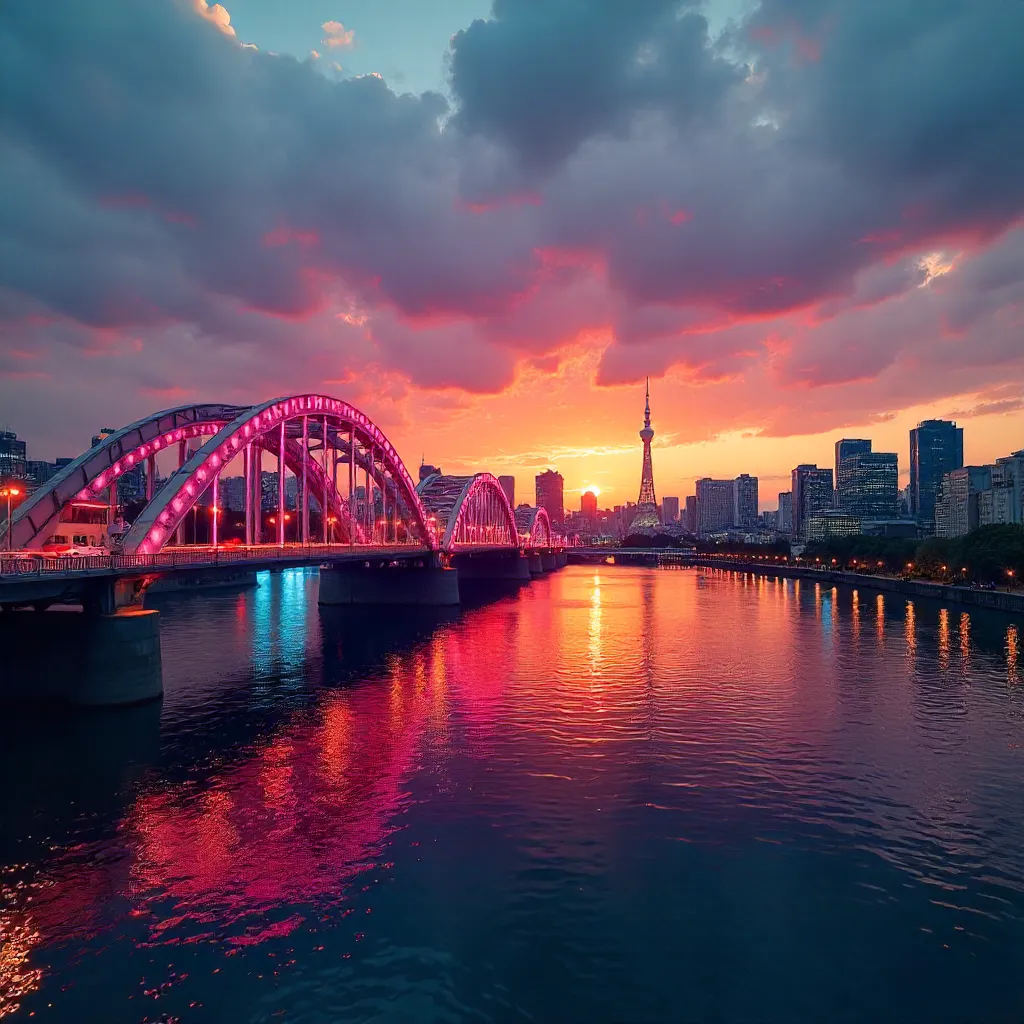 Sunset Over Tokyo Skyline and Neon River Bridge