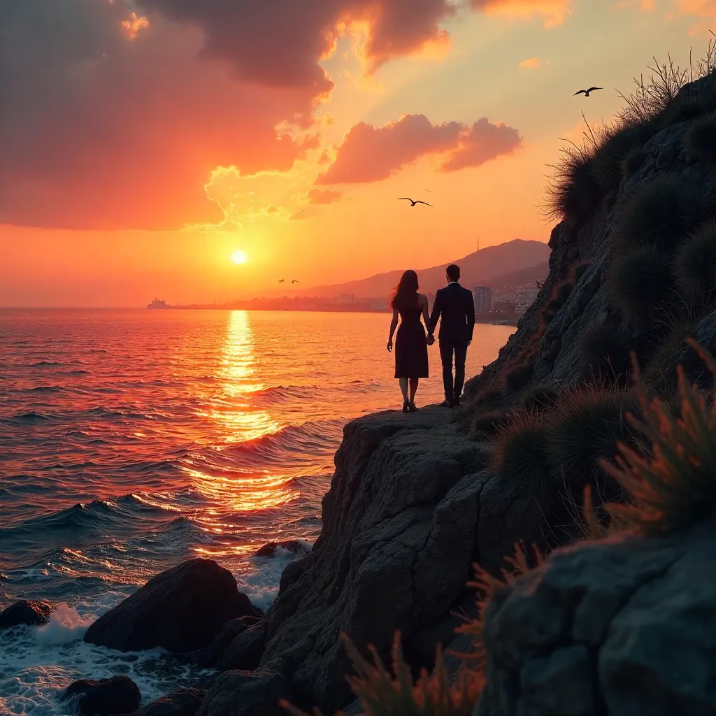 Silhouette of a Couple on a Marseille Cliff at Sunset