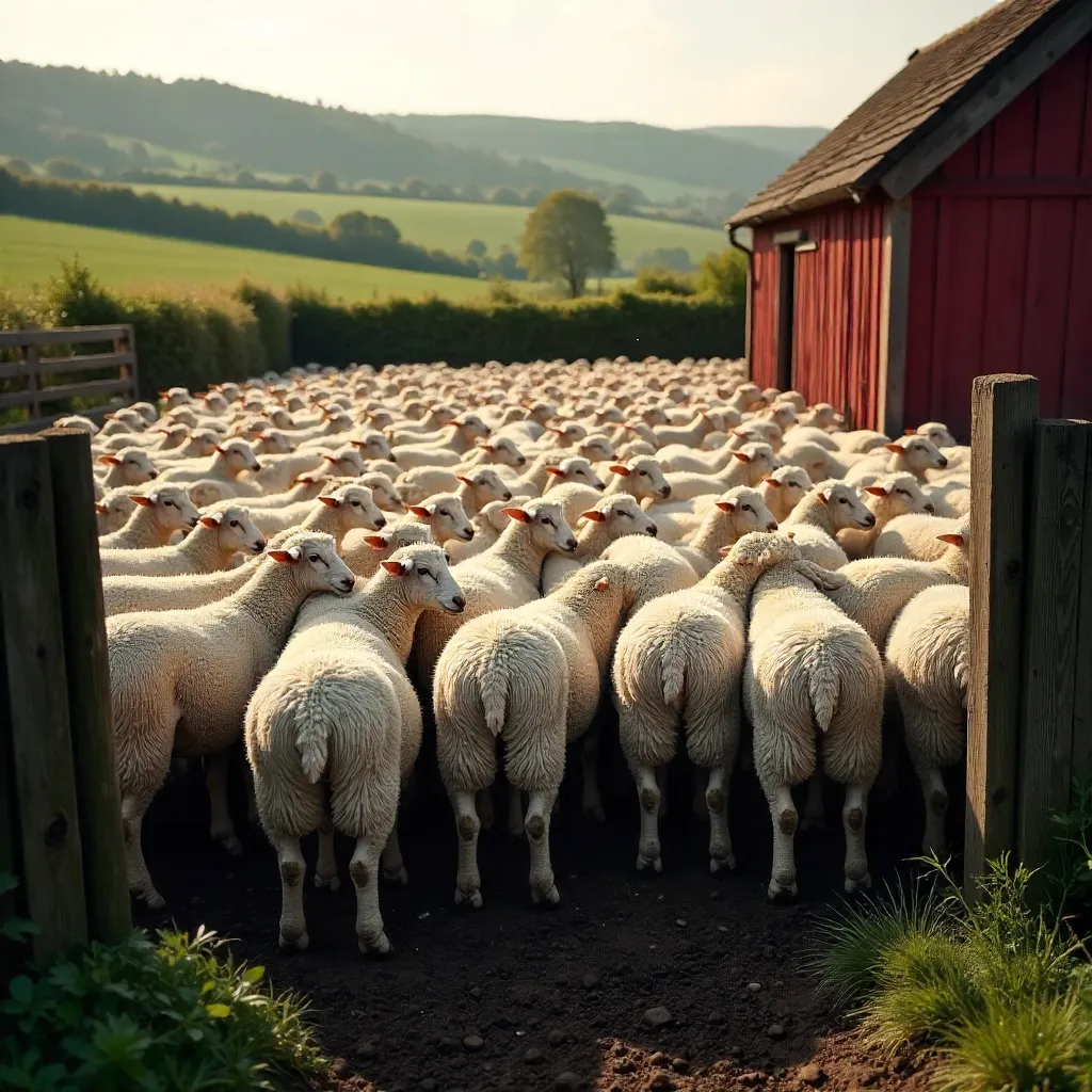 Dense Flock of Sheep in a Rustic Rural Enclosure
