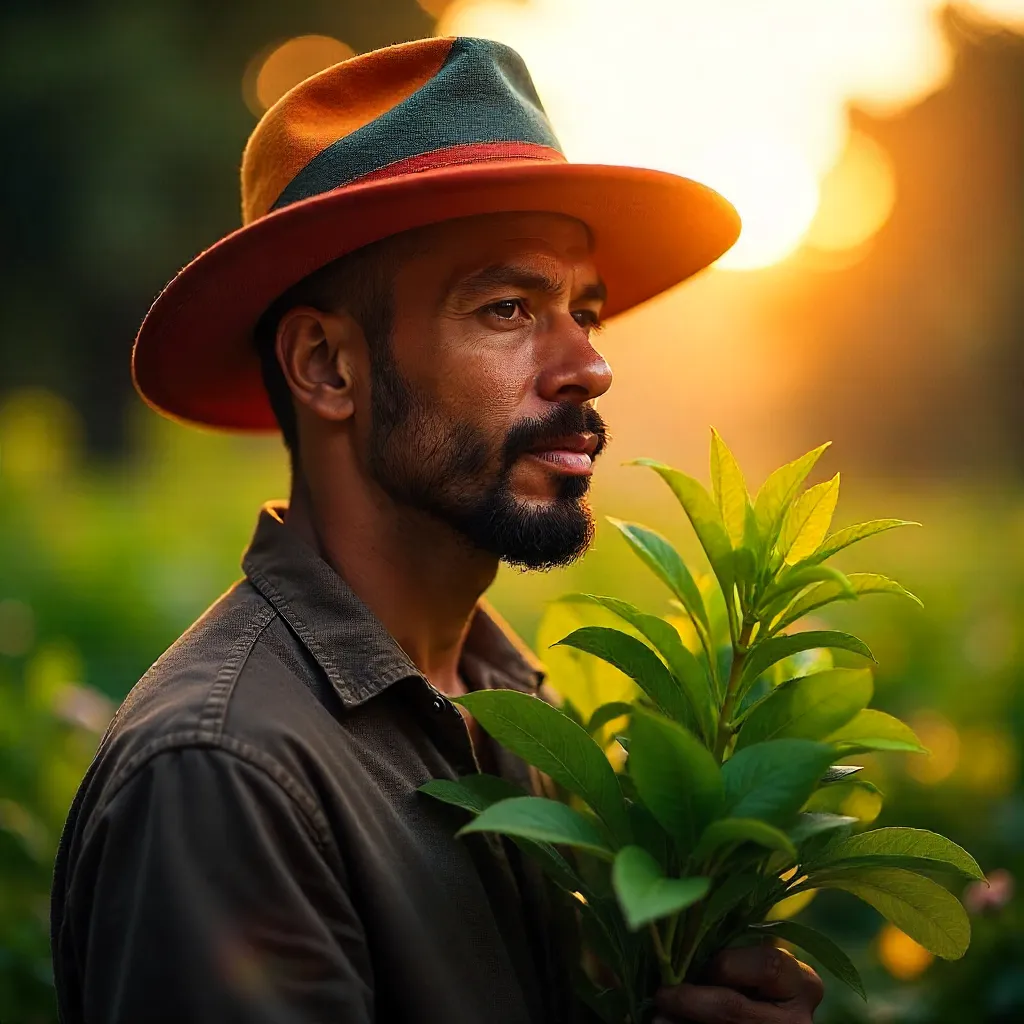 Golden Hour Muse: Man in a Colorful Hat with Plant