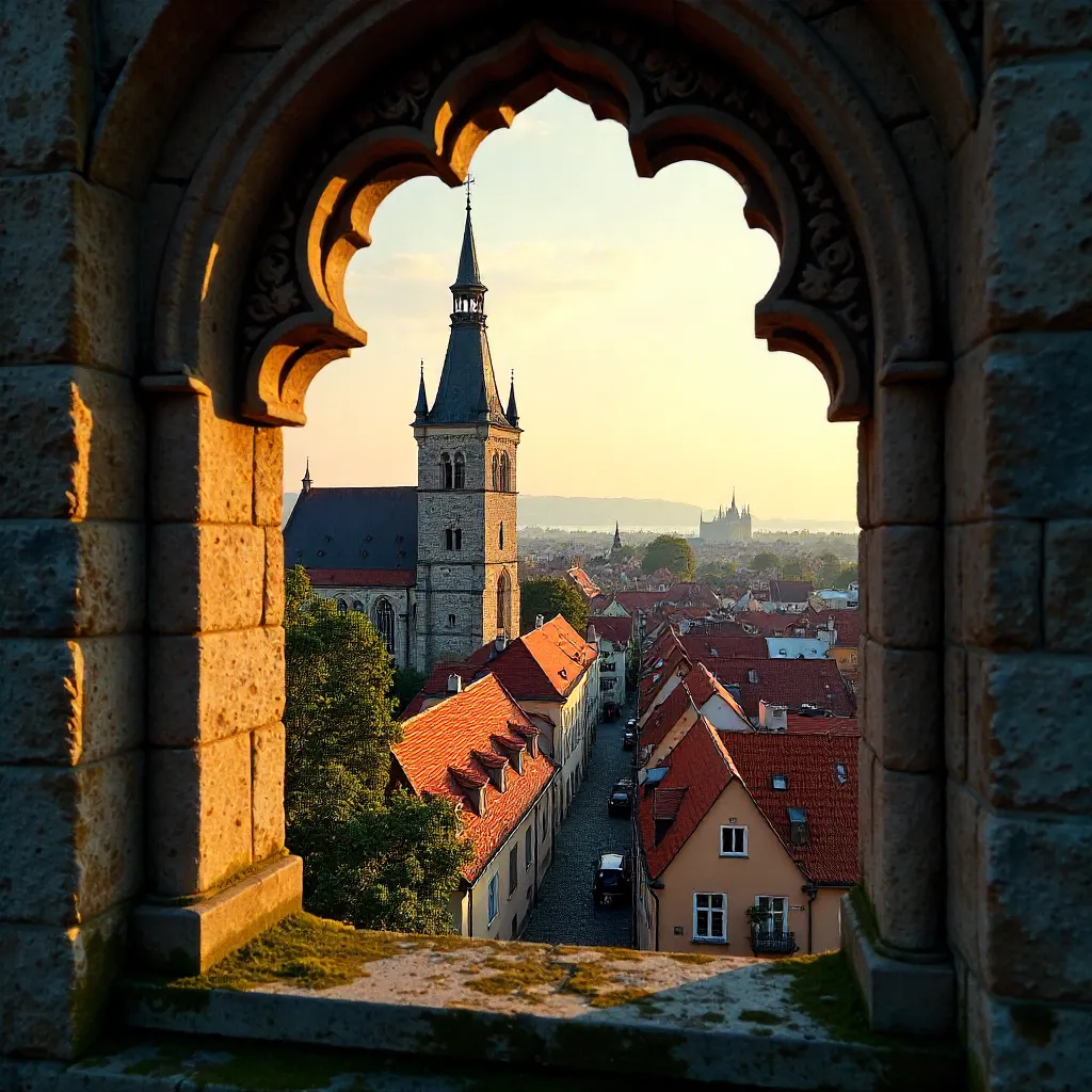 Ancient Window Framing Tallinn's Iconic Tower