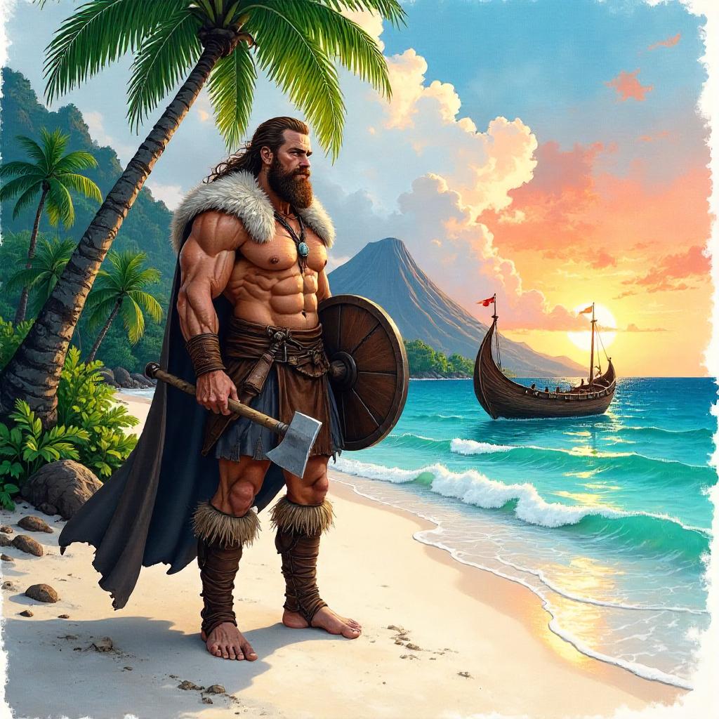 Viking on a Sunset Tropical Island - Watercolor