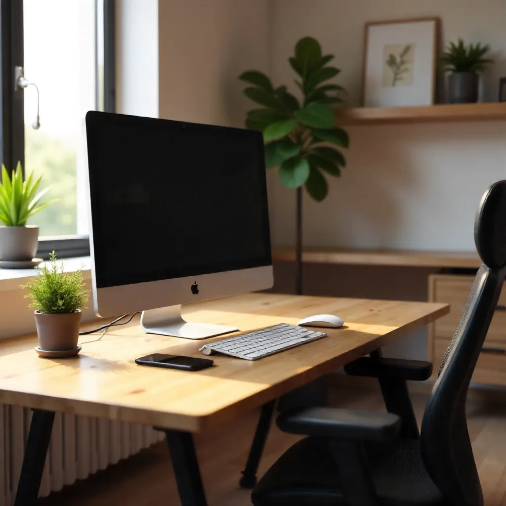 Stylish Home Office Desk with Computer and Smartphone