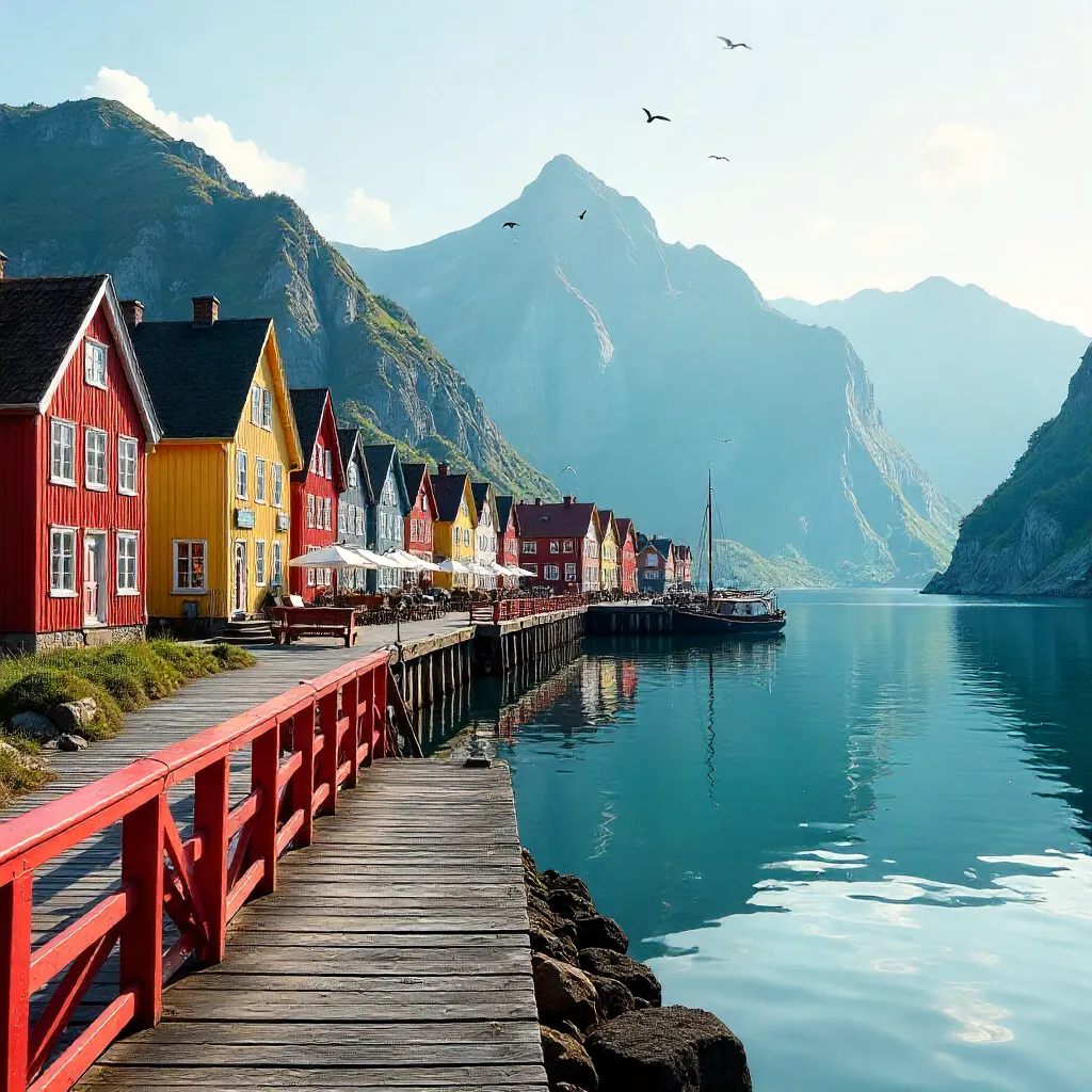 Bergen Harbor: Red Railing and Mountain Backdrop