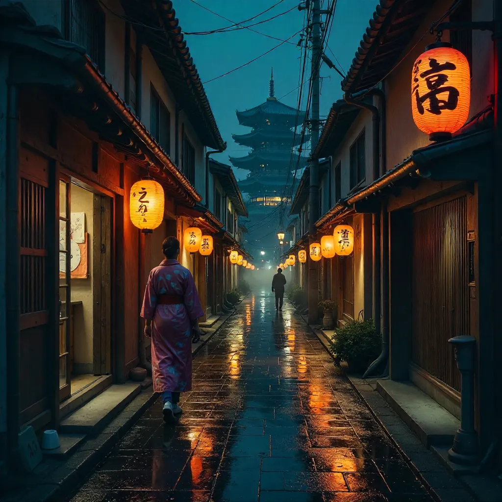 Lantern-lit Night on a Traditional Japanese Street
