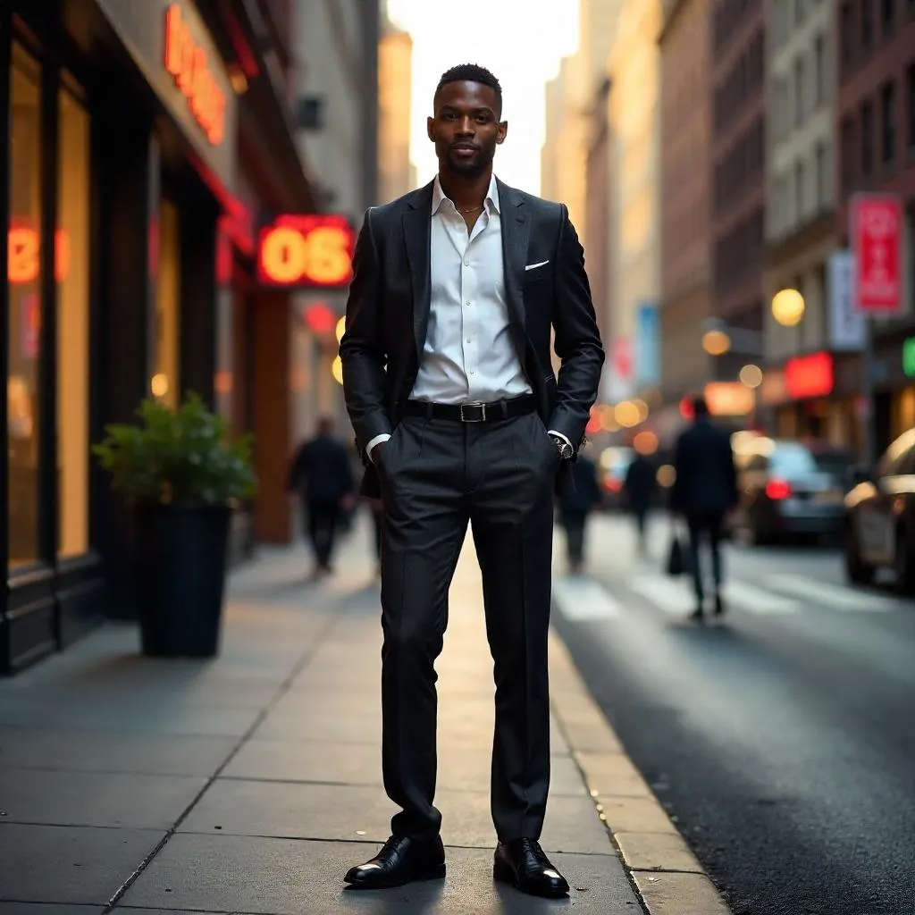 Elegant Black Man on a Photorealistic City Street