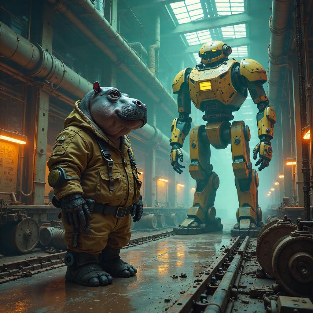 Hippo Concept Art in a Neon Robot Factory