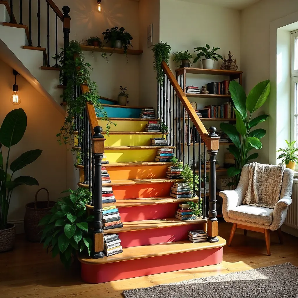 Colorful Book Staircase in a Cozy Greenery Haven