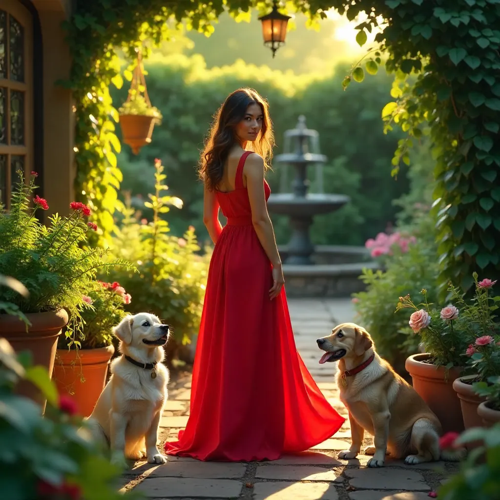 Red Dress Muse in a Lush Garden with Dogs