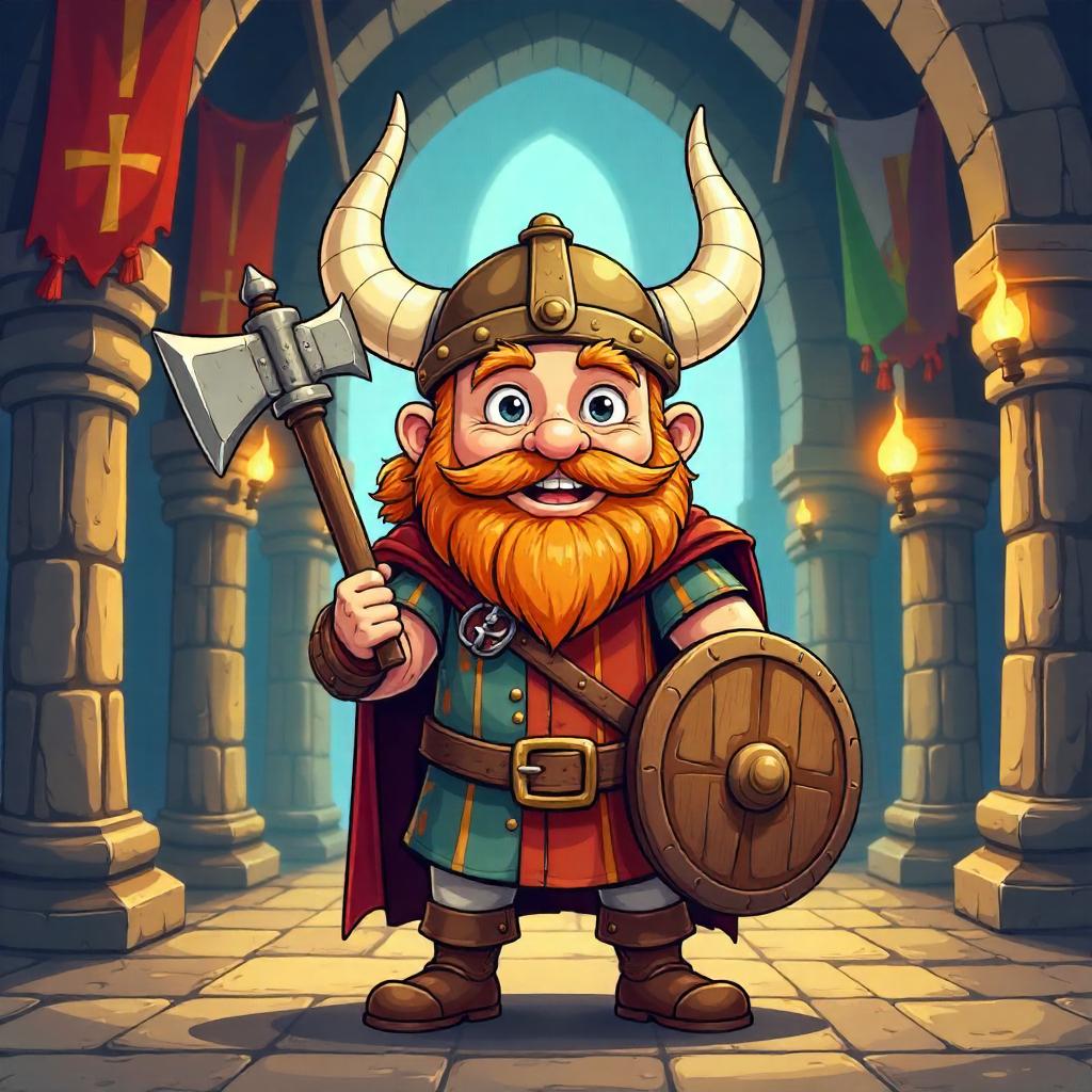 Cartoon Viking in a Grand Medieval Castle