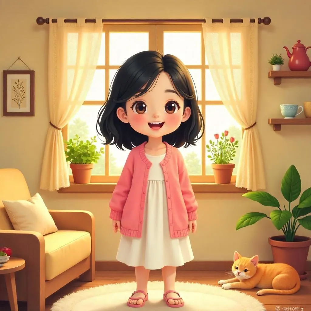 Cheerful Asian Girl in a Cozy Cartoon Cottage