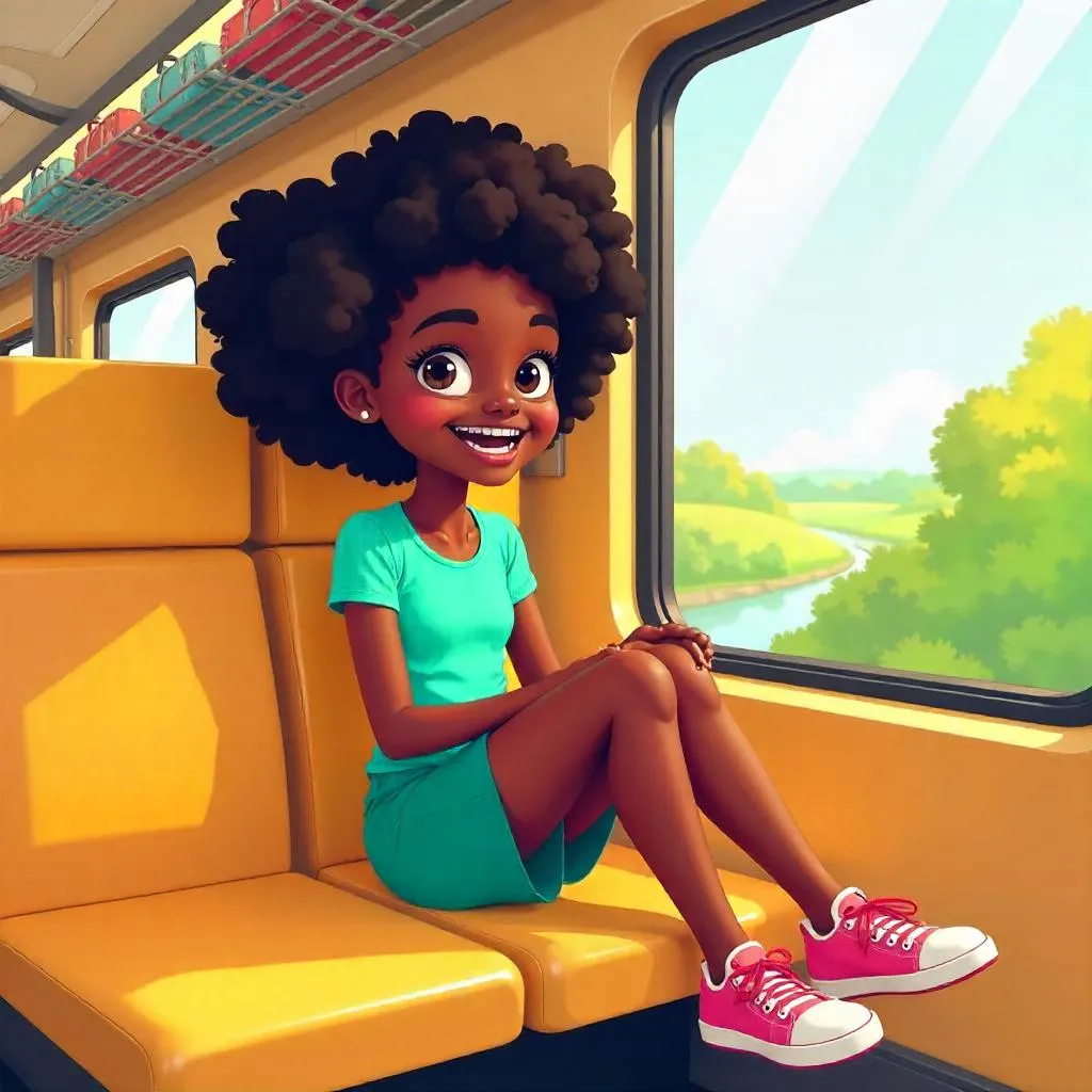 Cheerful Black Girl on a Cartoon Train