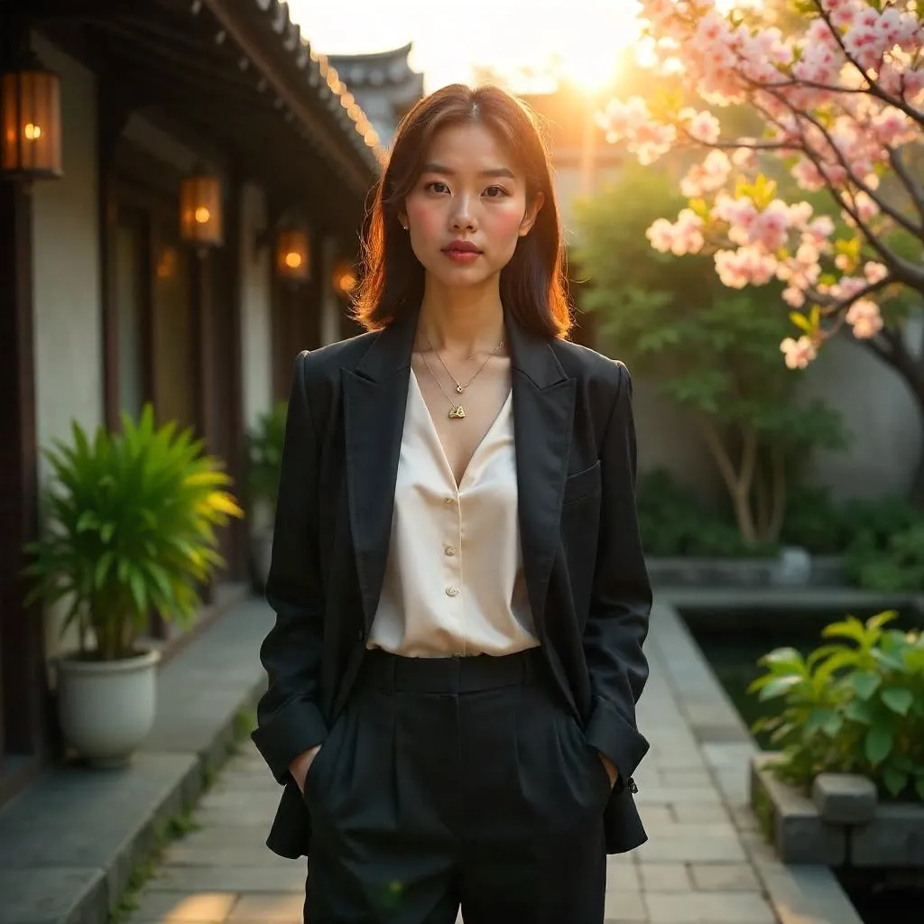 Stylish Asian Woman in a Serene Courtyard