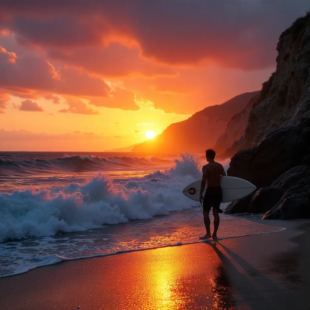 Silhouette of a Surfer at Sunset on a Portuguese Rocky Beach