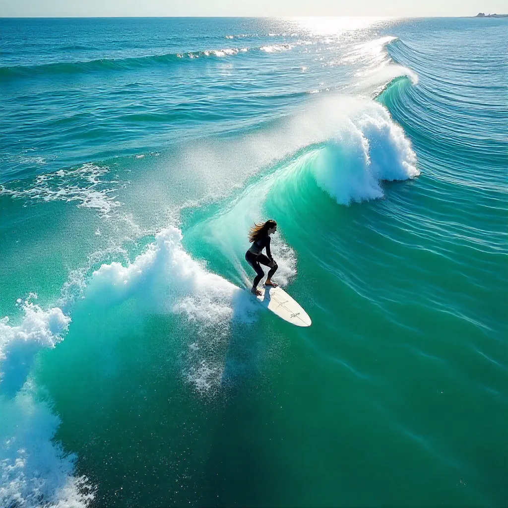 Aerial Surfer Riding Turquoise Ocean Waves
