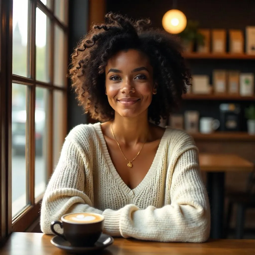 Cozy Coffee Shop Portrait of a Beautiful Black Woman