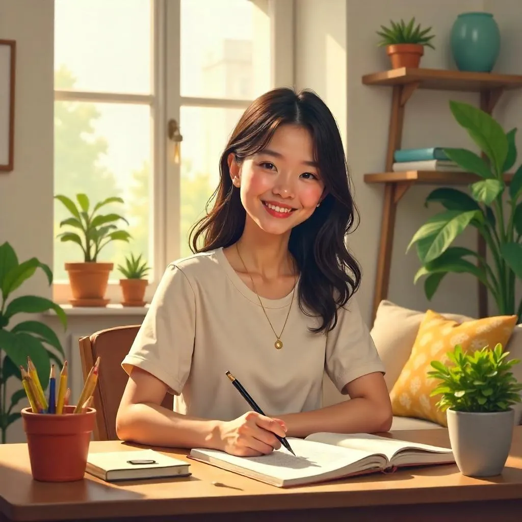 Cheerful Asian Woman at Home - Concept Art