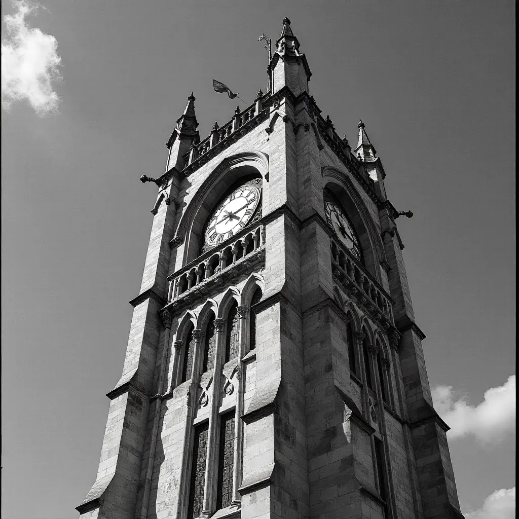 Gothic Clock Tower in Black and White Under Clear Sky