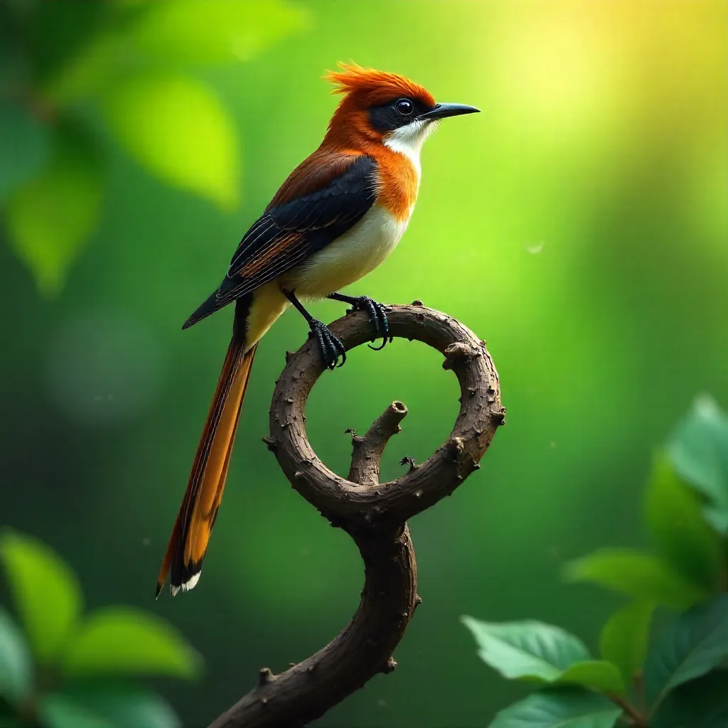 Striking Asian Paradise Flycatcher on a Twisted Branch