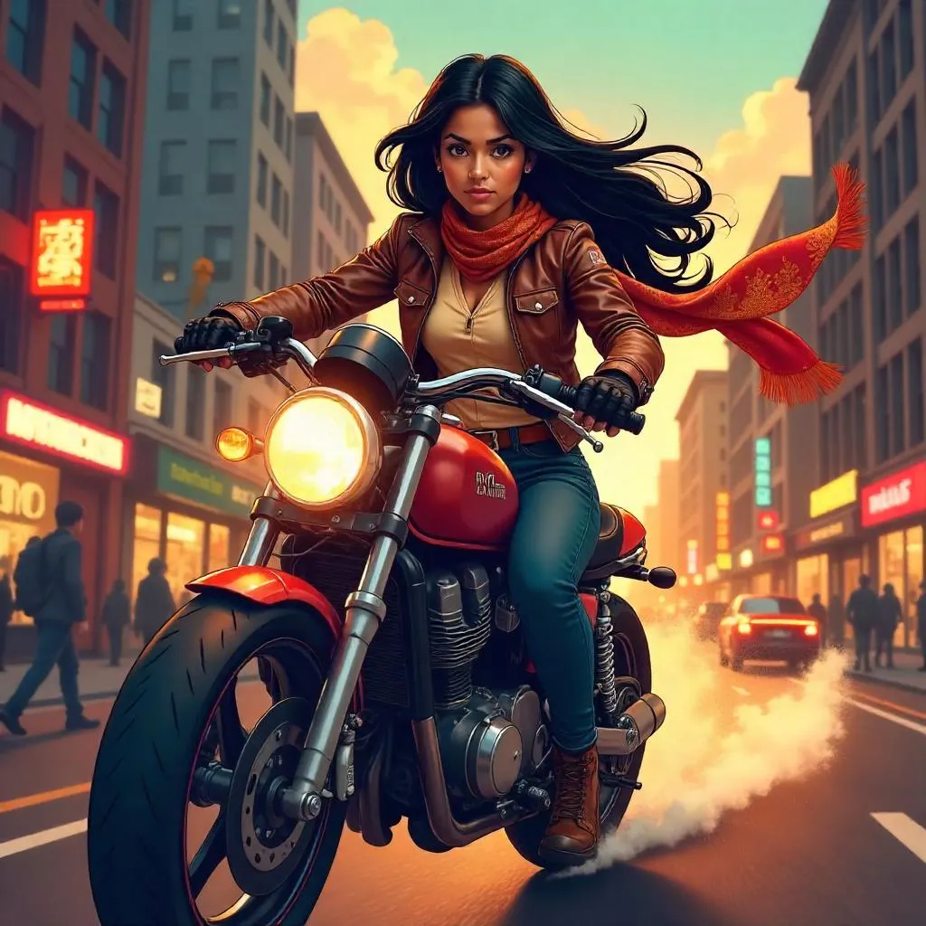 Anime Style Indian Woman on a Motorbike