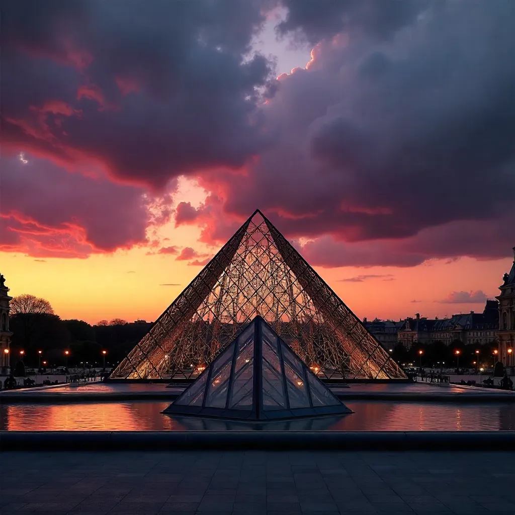 Louvre Pyramid Silhouette at Sunset