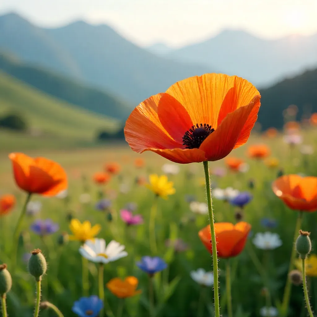 Vibrant Orange Poppy in Misty Spring Meadow