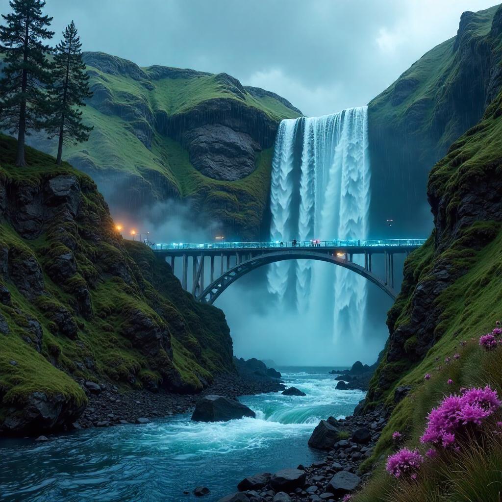 Neon Highlands Waterfall: Cyberpunk Wilderness